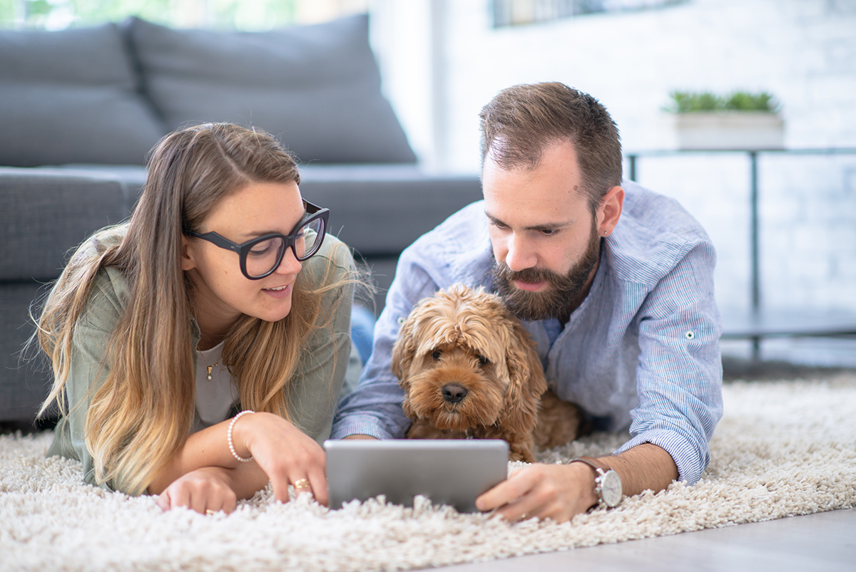 Young couple and their dog using a tablet